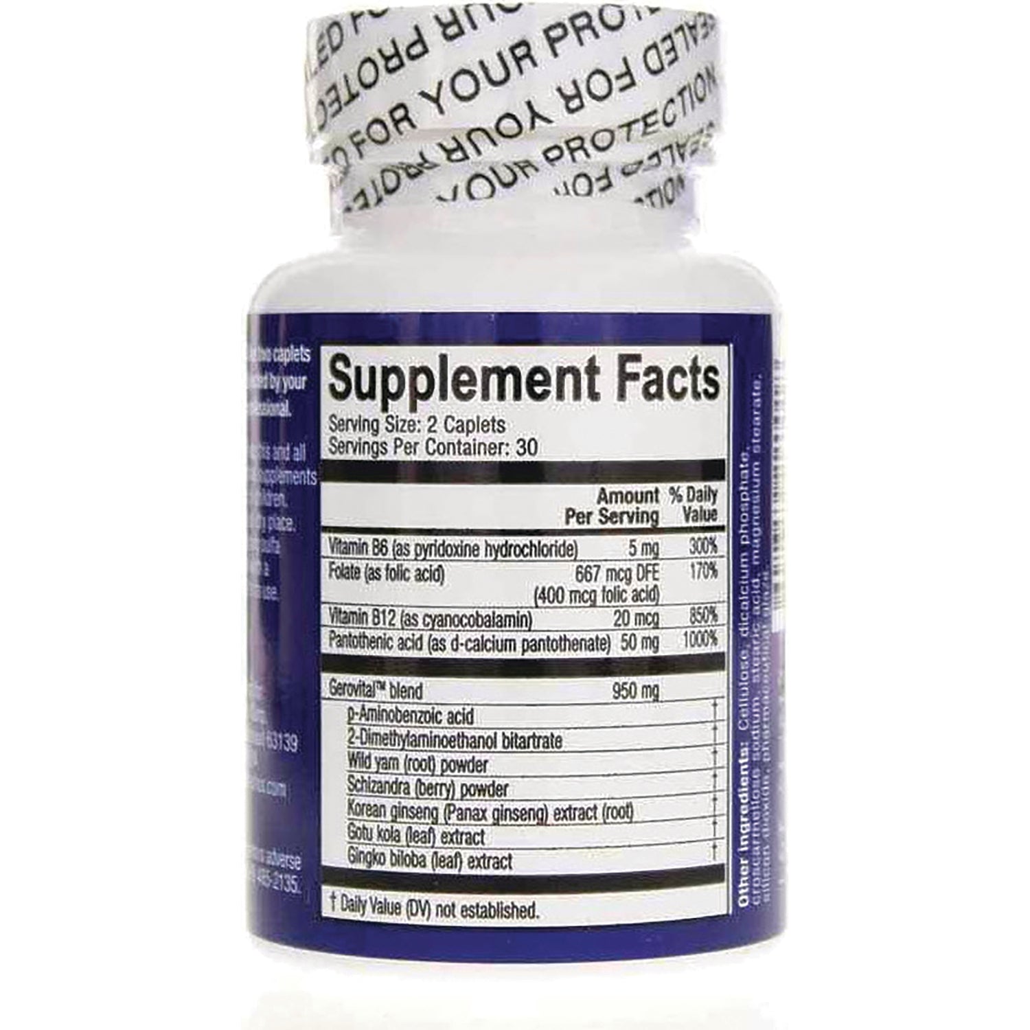 NRA001 | Supplement Facts label on back of white bottle showing serving size, nutrient amounts, and ingredient list