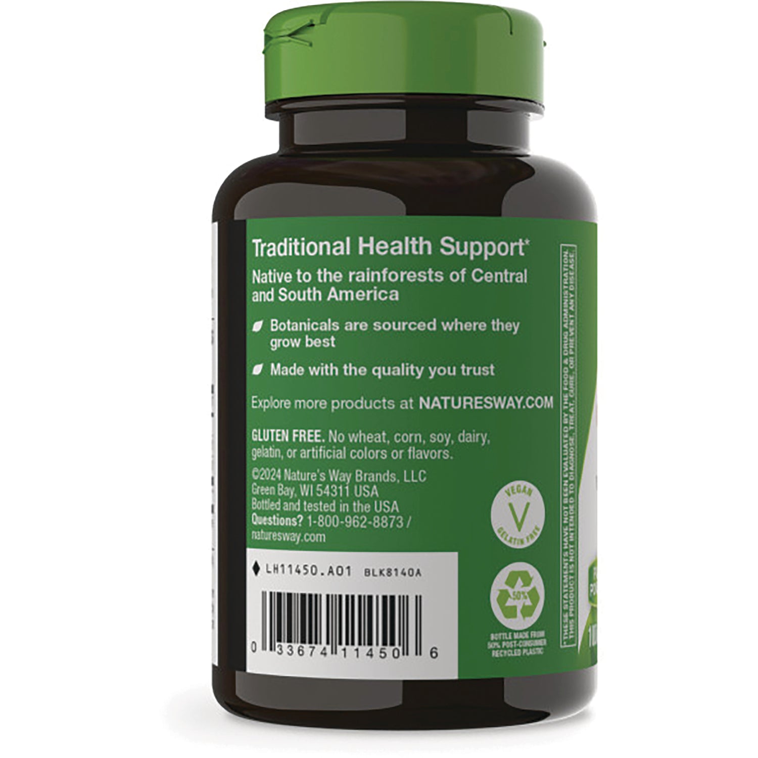 NW469 | Back of brown supplement bottle with green label showing Traditional Health Support text, gluten free statement and barcode