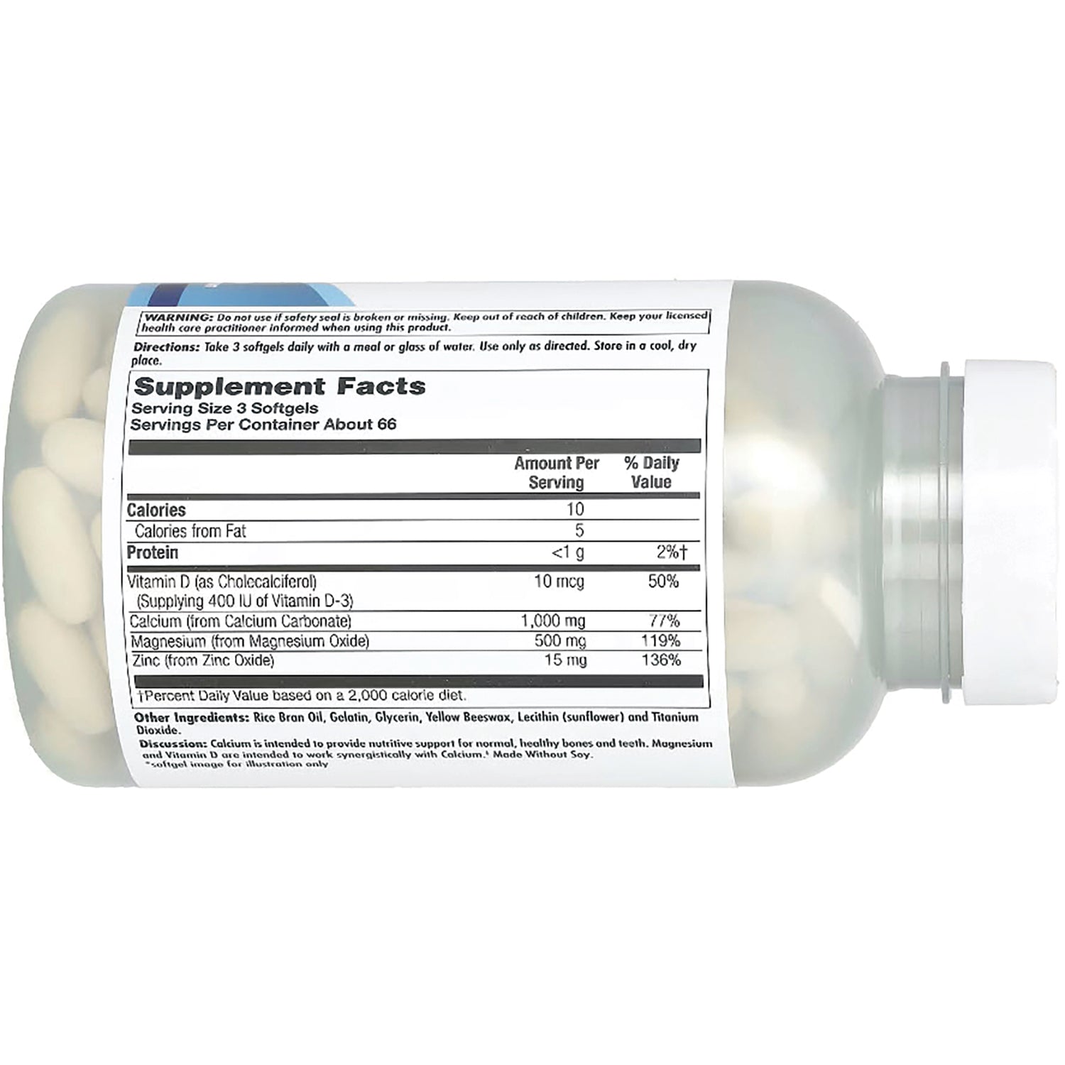 KL493 | Supplement facts label on back of translucent bottle showing serving size, vitamin D, calcium, magnesium, zinc and softgels inside