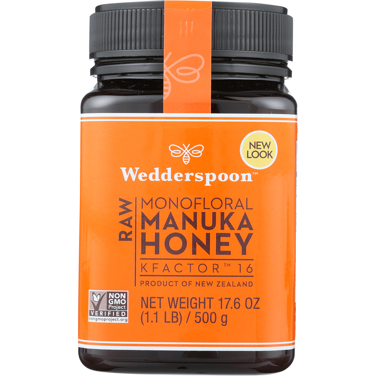 WED018 | Wedderspoon Raw Monofloral Manuka Honey KFactor 16, 17.6 oz (500 g) jar, front label