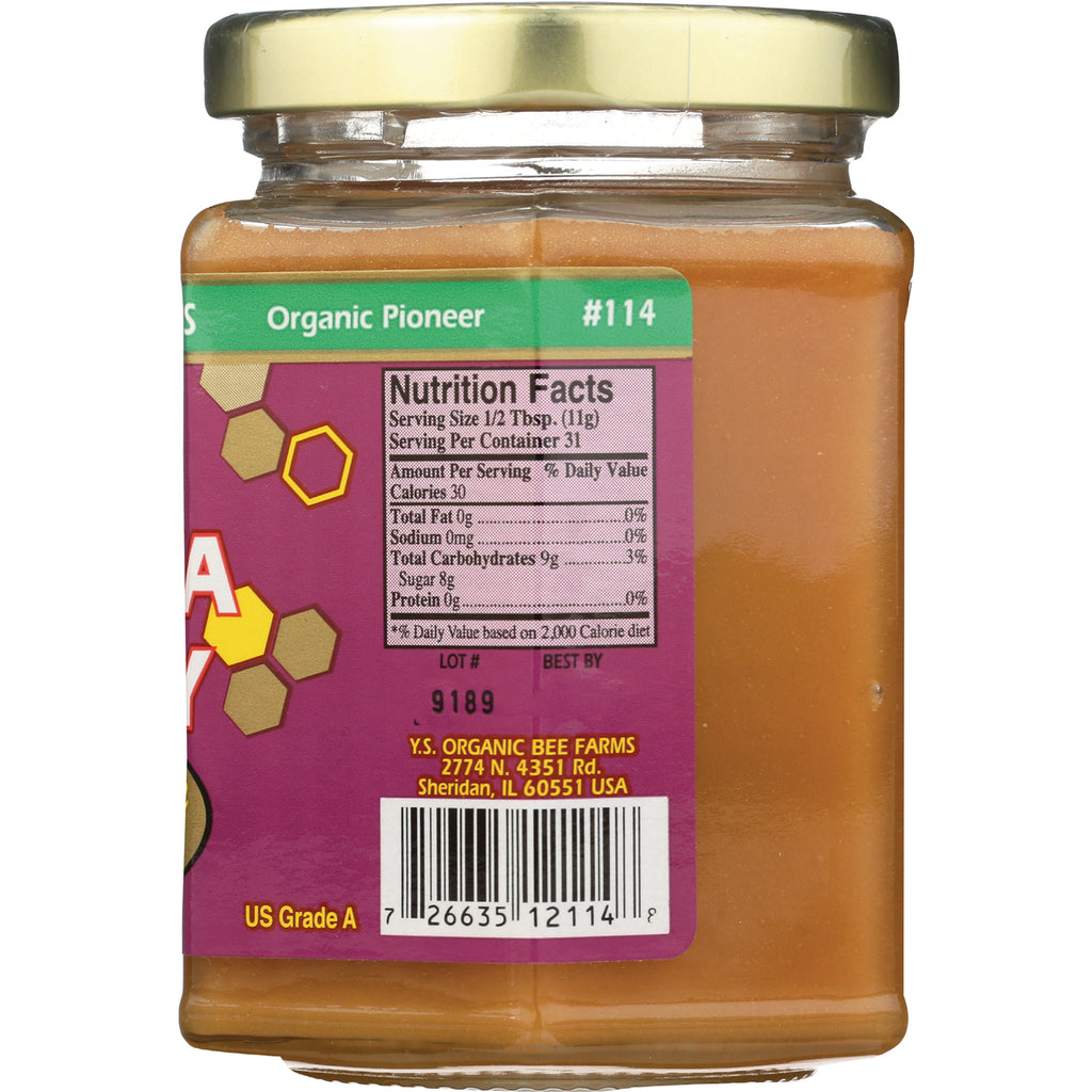YS020 | Back label with Nutrition Facts panel, barcode, and US Grade A text on a Y.S. Organic Bee Farms honey jar - Thumbnail