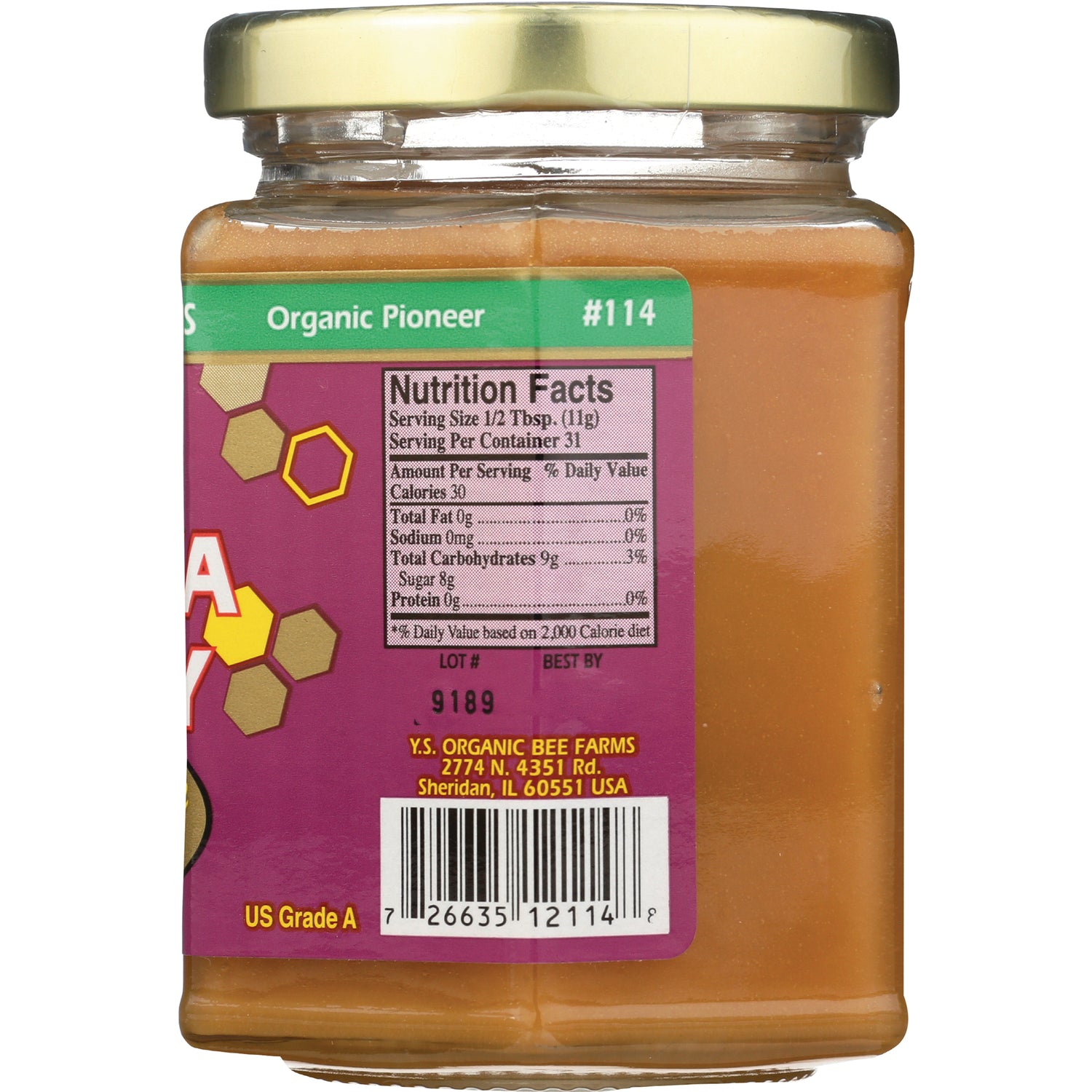YS020 | Back label with Nutrition Facts panel, barcode, and US Grade A text on a Y.S. Organic Bee Farms honey jar