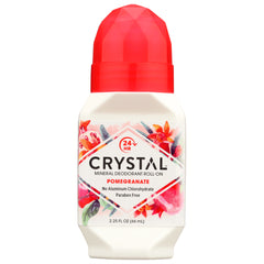 CRY013 | CRYSTAL mineral deodorant roll-on pomegranate in white bottle with red faceted cap, 2.25 fl oz