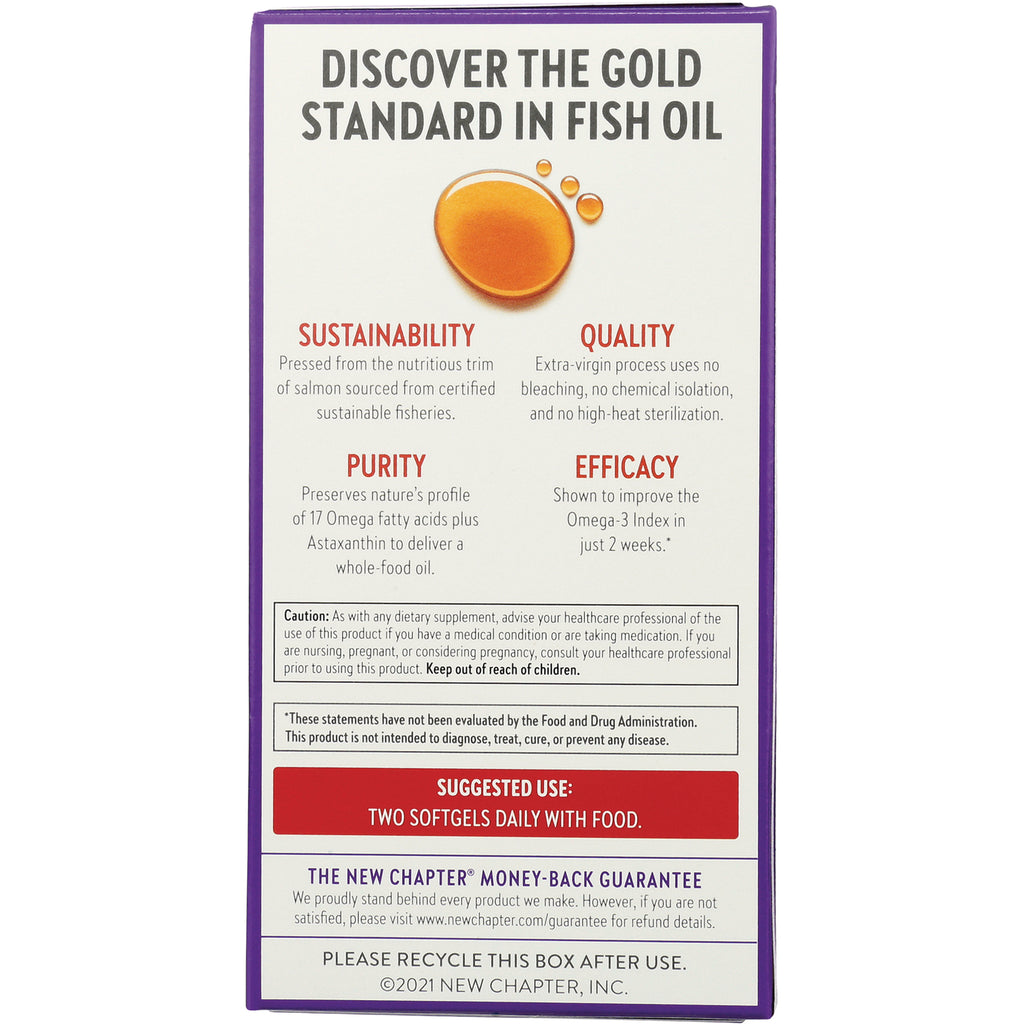 NWC111 | Back of fish oil supplement box with sustainability, quality, purity, efficacy claims and suggested use two softgels daily with food - Thumbnail