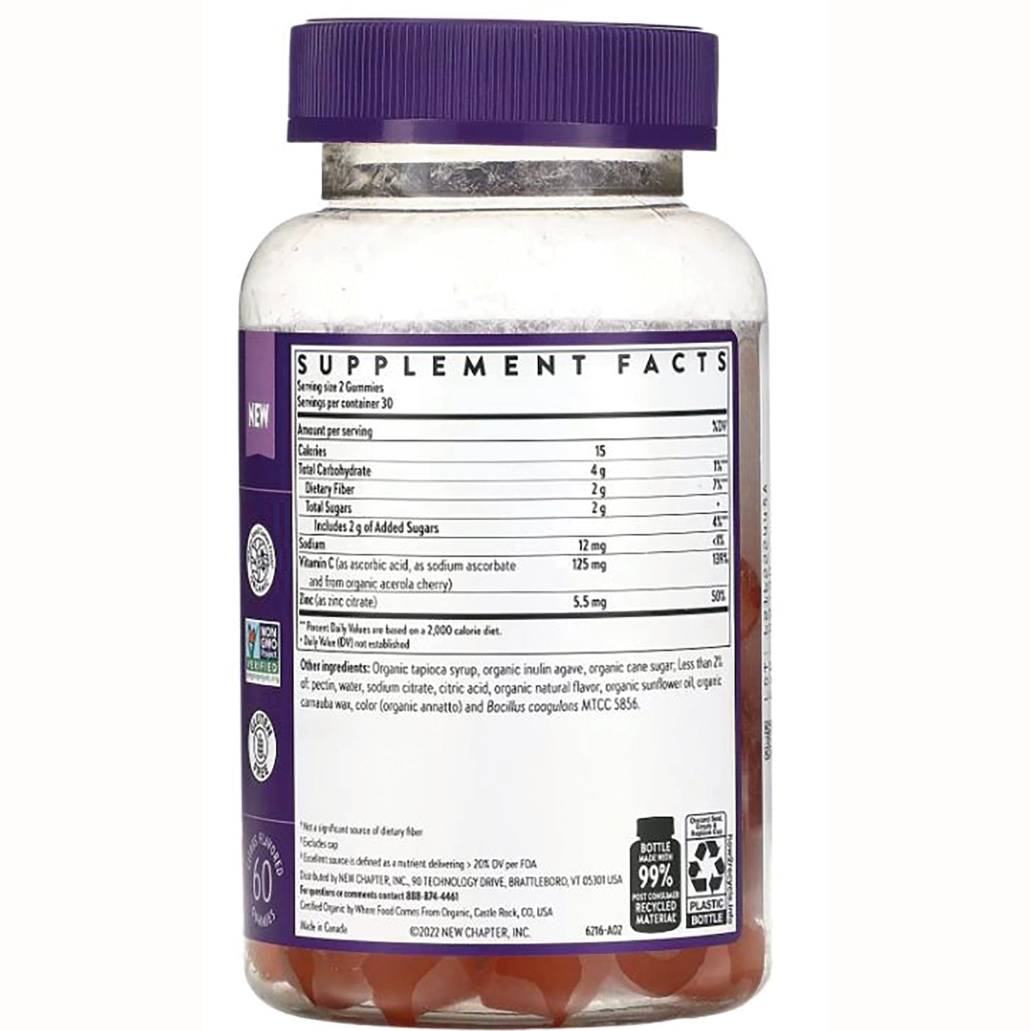 NWC377 | back of clear supplement bottle with purple cap showing supplement facts panel and ingredients list