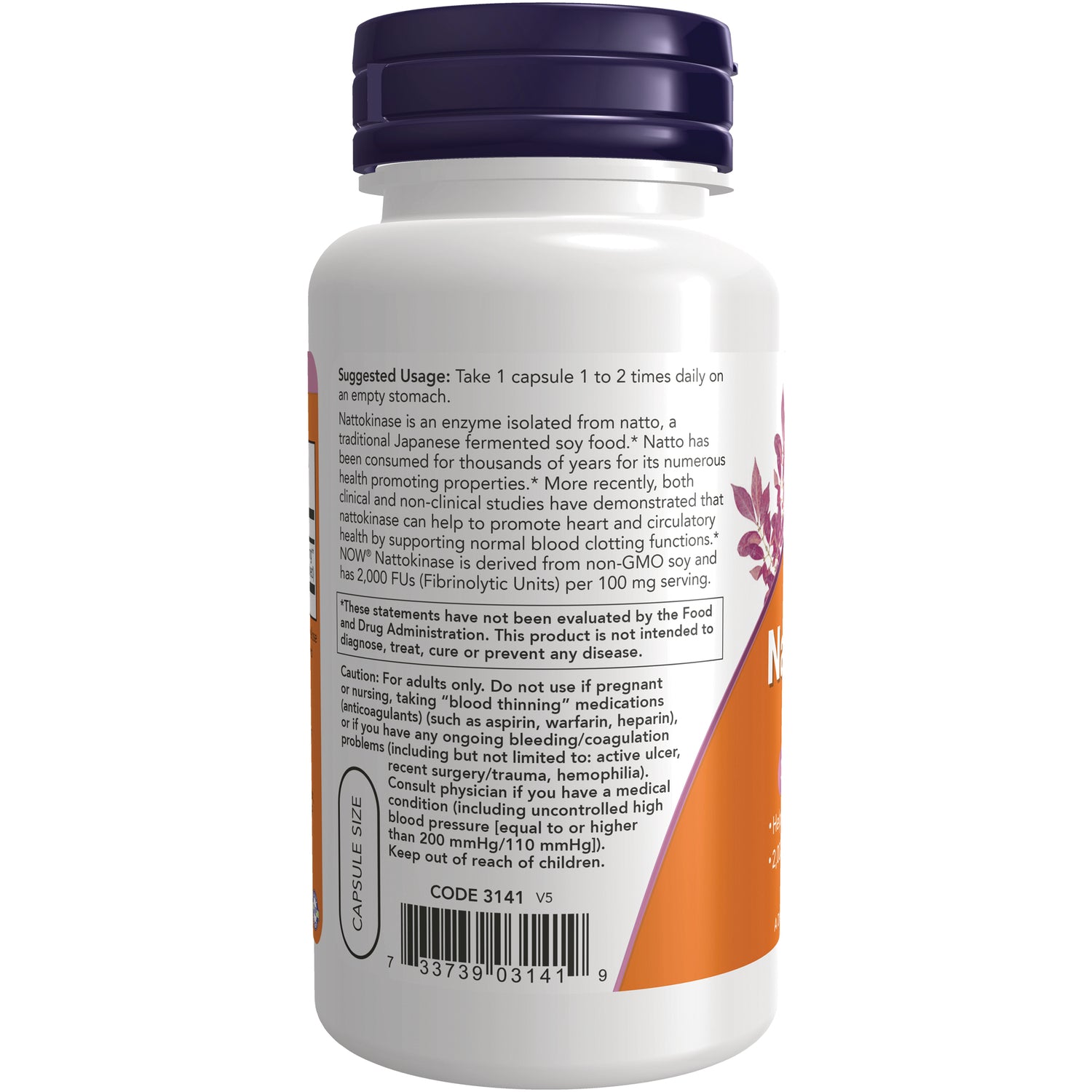 NWF137 | Back label of white supplement bottle showing suggested usage, cautions, barcode, and CODE 3141