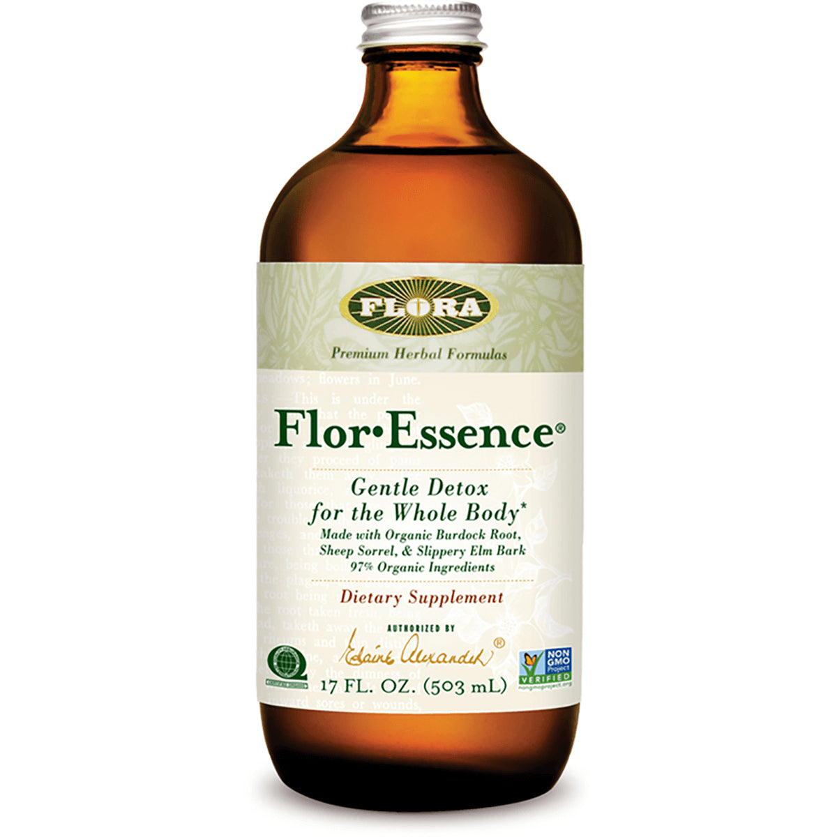 FL003 | Amber glass bottle labeled FlorEssence gentle detox dietary supplement 17 FL OZ