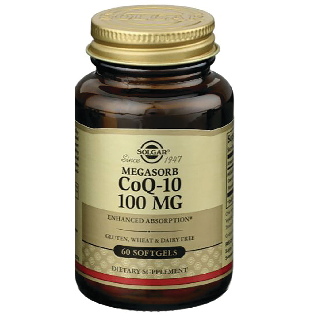 Brown glass bottle with gold lid labeled SOLGAR MEGASORB CoQ-10 100 MG 60 softgels dietary supplement - Thumbnail