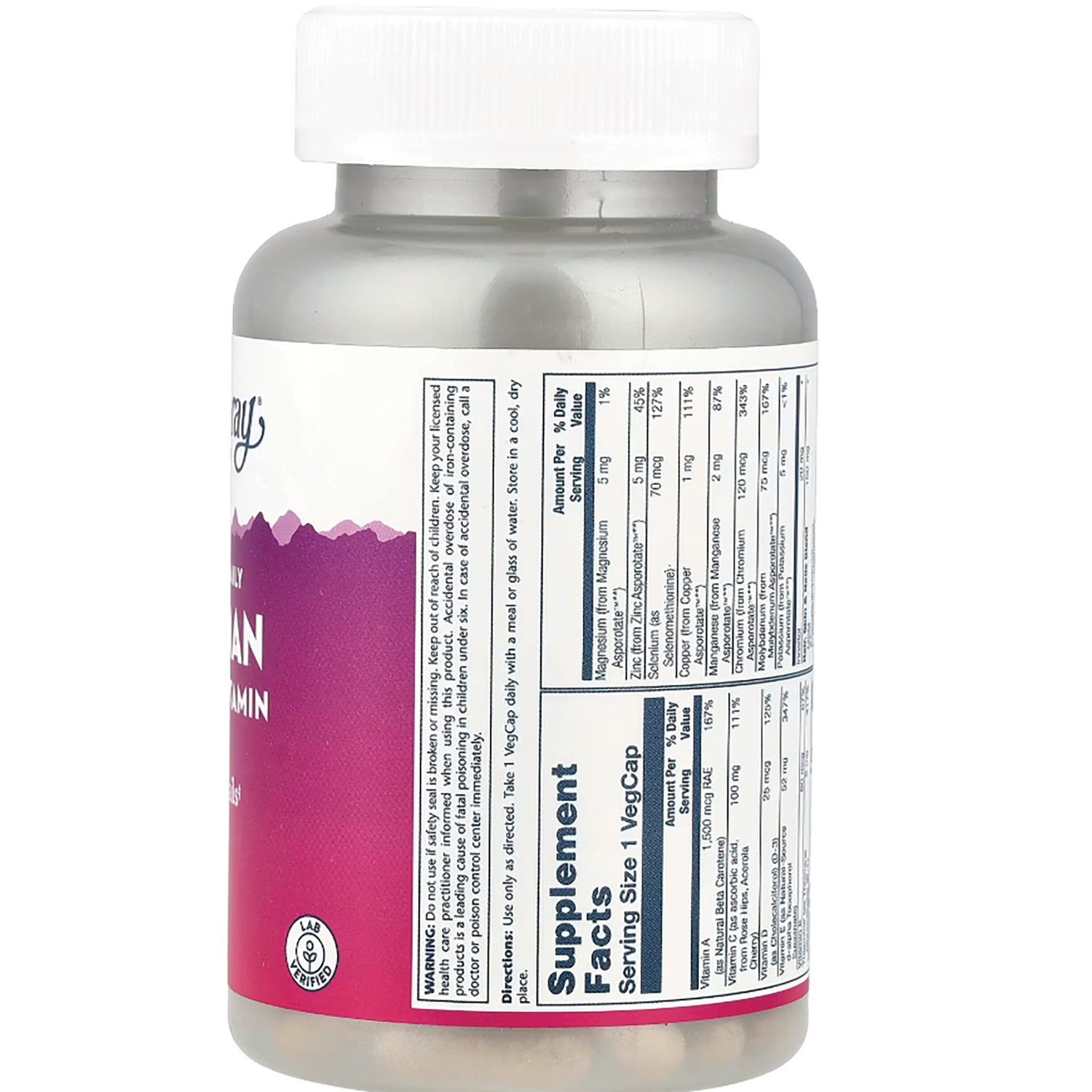 SLR351 | Back of silver supplement bottle showing Supplement Facts panel and purple label under white cap