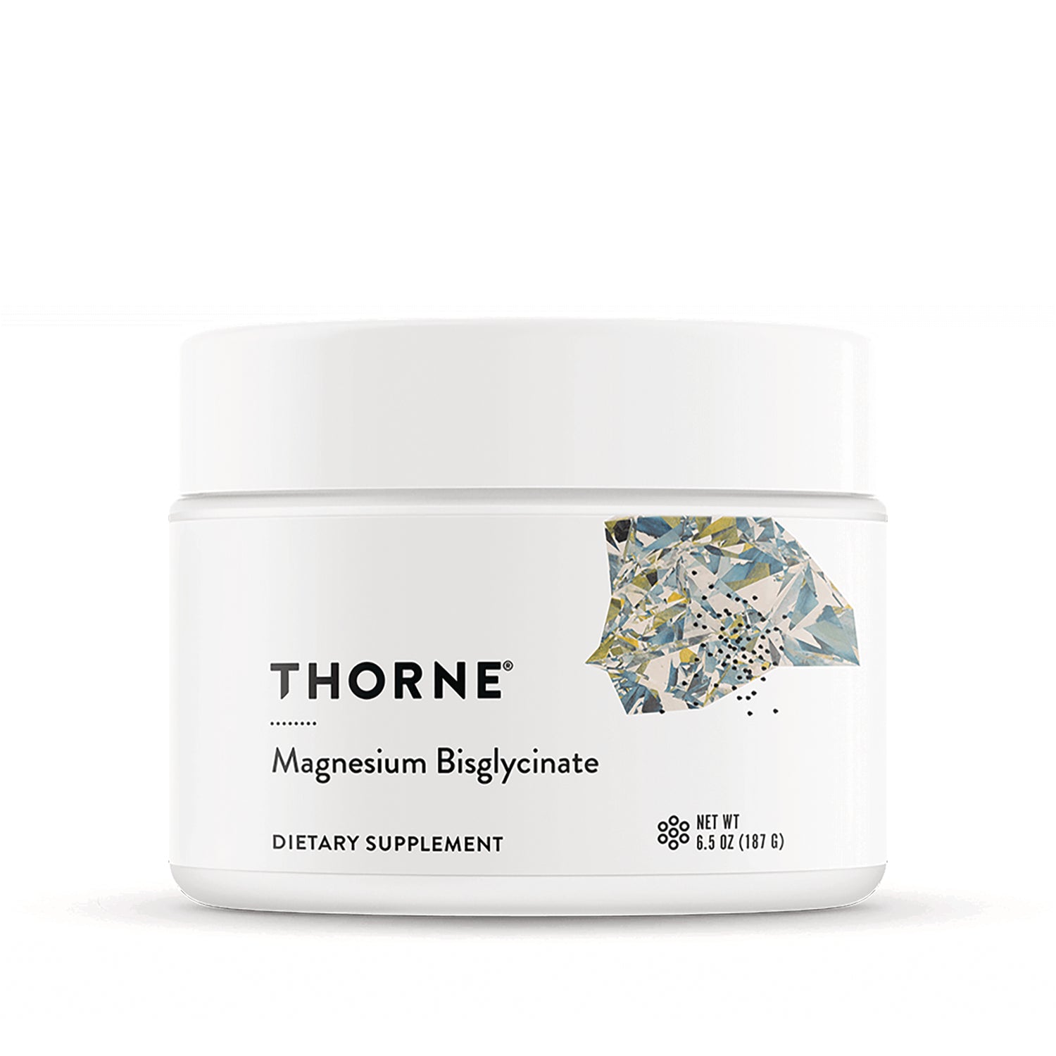 TRN023 | Thorne Magnesium Bisglycinate dietary supplement jar, front label, net wt 6.5 oz (187 g)