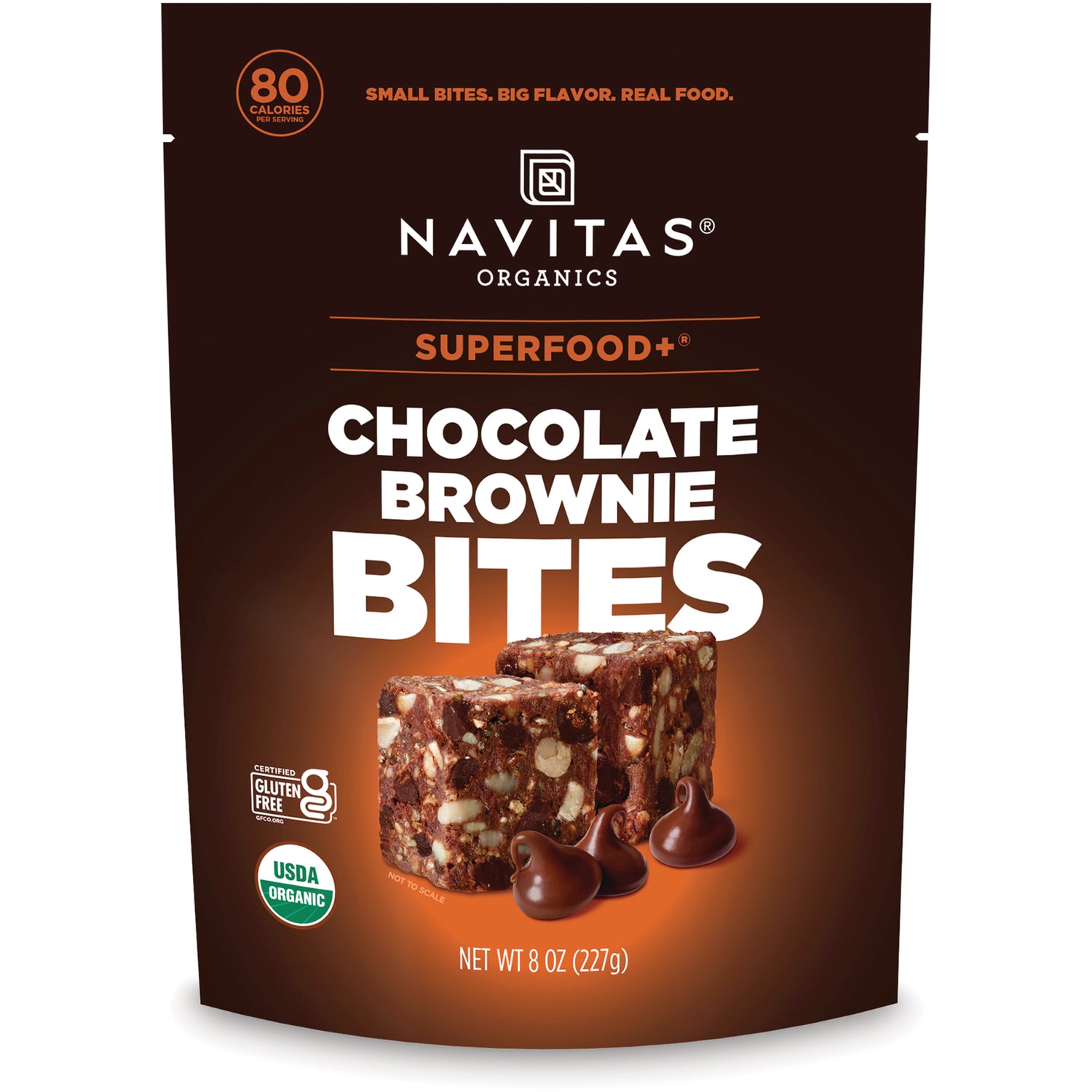 NAV067 | Navitas Organics Chocolate Brownie organic Power Snacks pouch with bowl of chocolate bites and certification icons