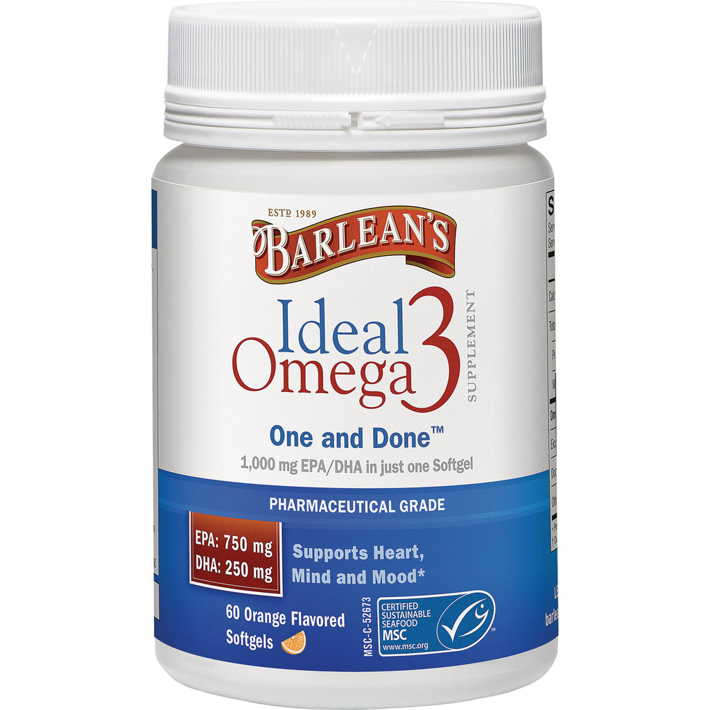 BAR111 | Barlean's Ideal Omega 3 One and Done supplement bottle, 60 orange flavored softgels - Thumbnail