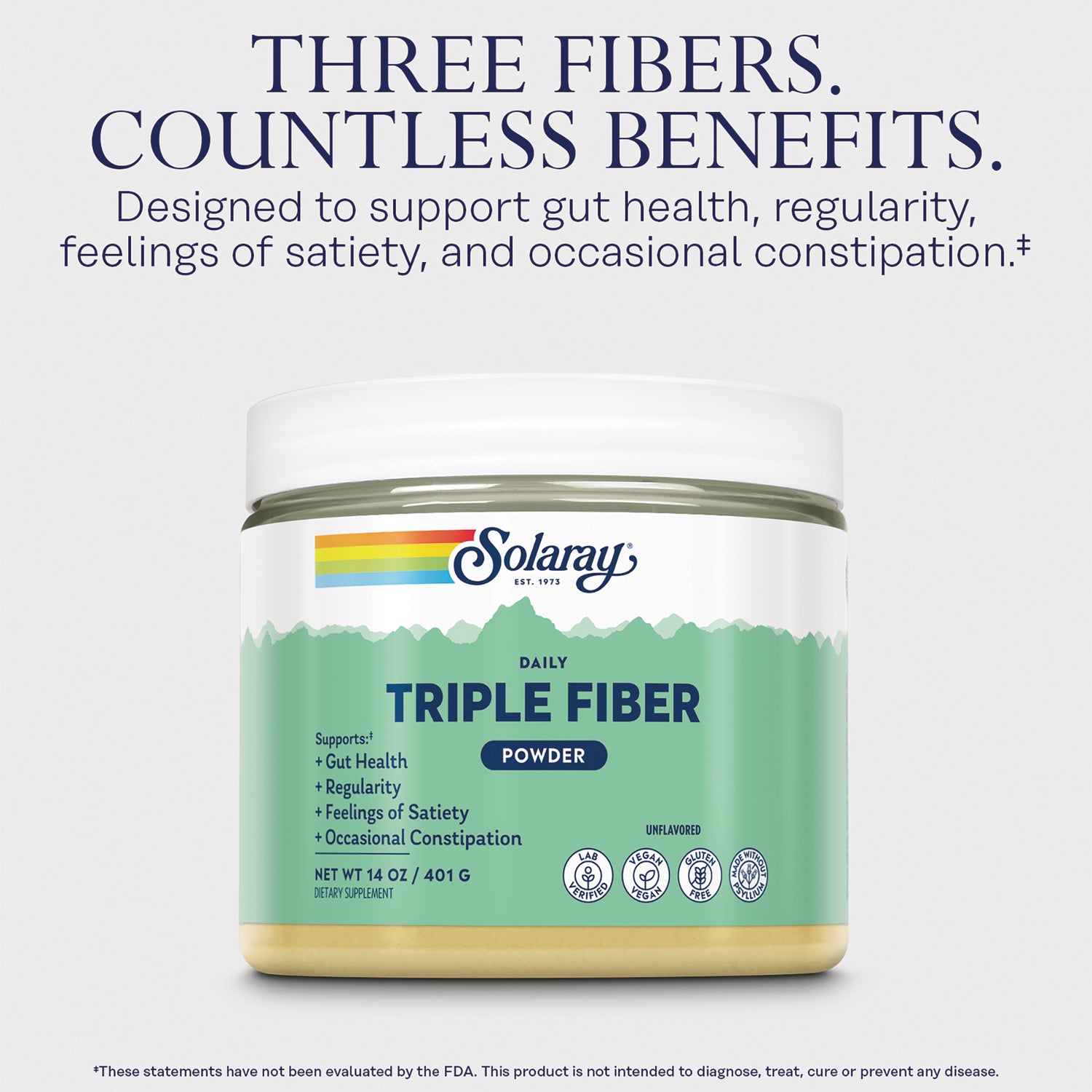 SLR543 | Solaray Daily Triple Fiber Powder with text: Three Fibers. Countless Benefits