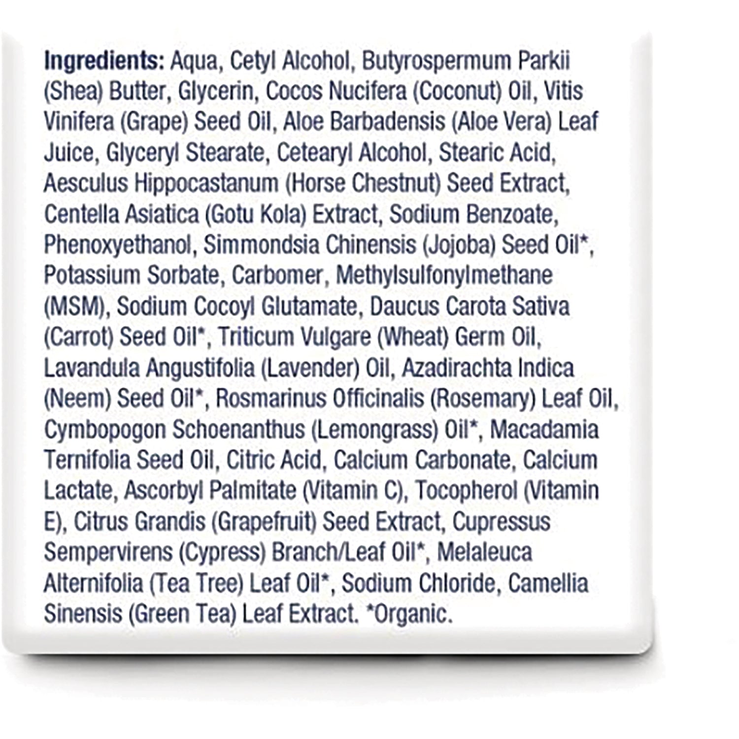 NAC40 | back label ingredients list with Aqua, Cetyl Alcohol, Butyrospermum Parkii (Shea) Butter, glycerin and botanical oils