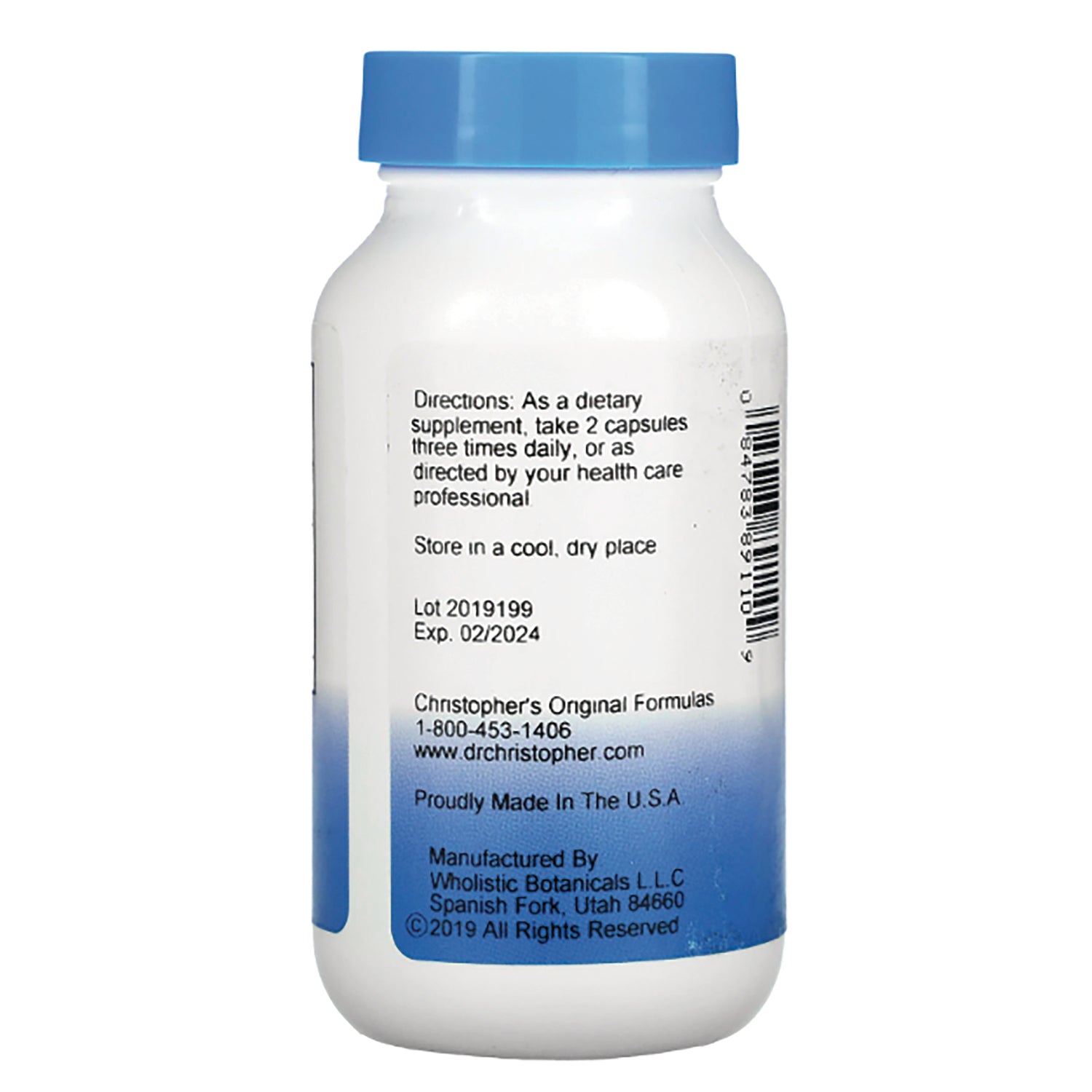 DCR030 | Back of white supplement bottle with directions to take 2 capsules three times daily, lot 2019199, Exp 02/2024