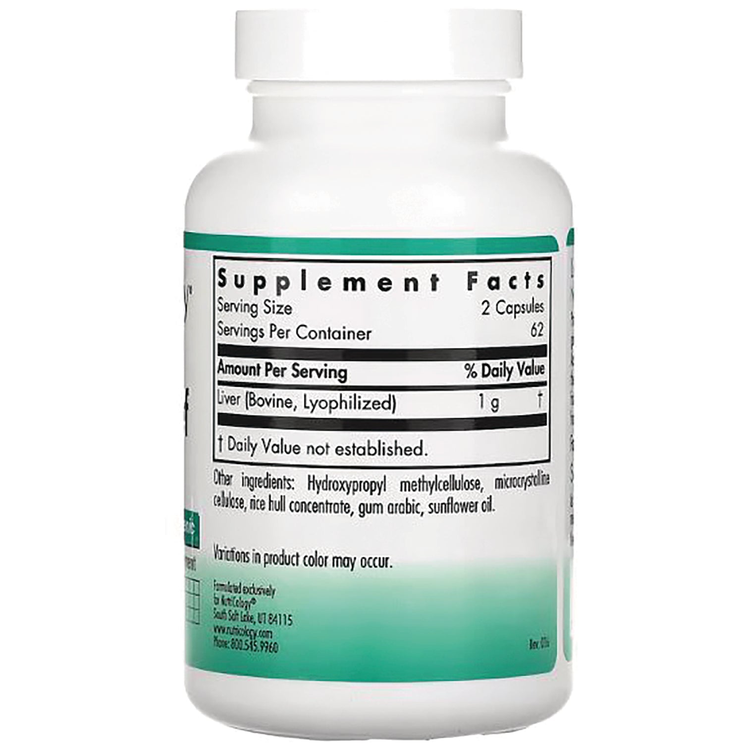 NCL005 | back label showing Supplement Facts panel with serving size 2 capsules, liver (bovine) 1 g and other ingredients