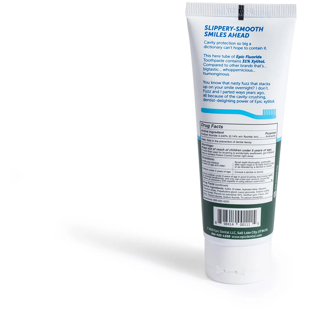 EPI001 | Back of toothpaste tube showing Drug Facts panel, barcode and cap on white background - Thumbnail