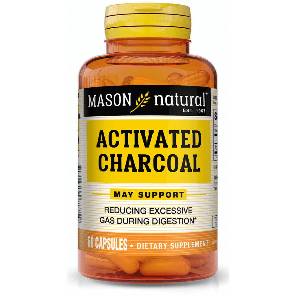 Mason Natural activated charcoal supplement bottle labeled ACTIVATED CHARCOAL, 60 capsules - Thumbnail