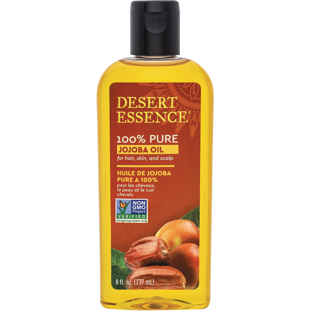 DST150 | Desert Essence 100% Pure jojoba oil bottle 8 fl oz label showing Non GMO Project verified - Thumbnail