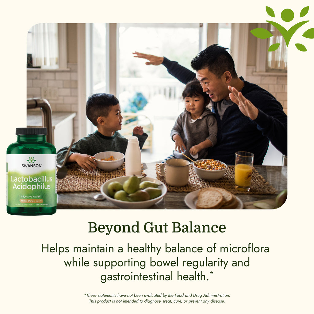 SW283 | Family enjoying breakfast with Swanson Lactobacillus Acidophilus and digestive health messaging - Thumbnail