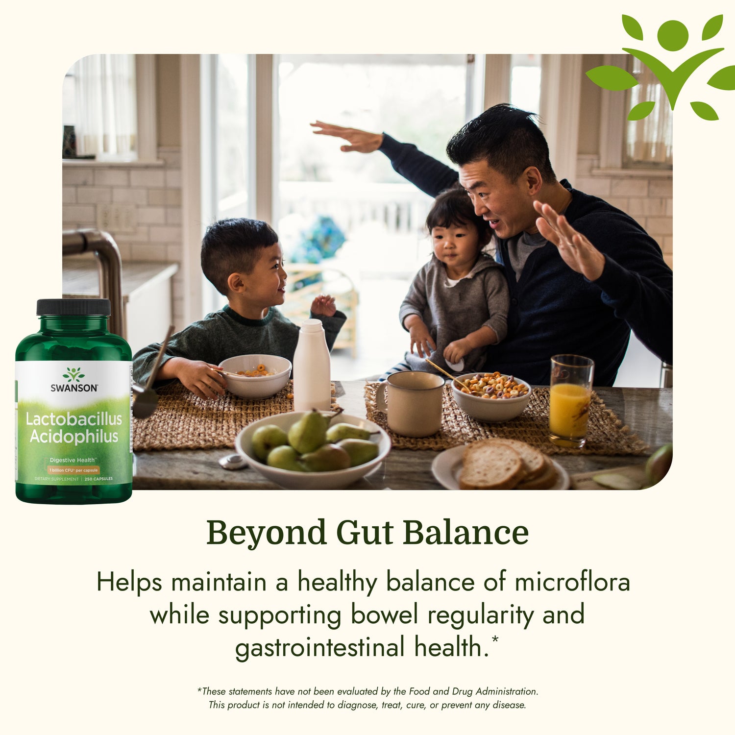 SW283 | Family enjoying breakfast with Swanson Lactobacillus Acidophilus and digestive health messaging