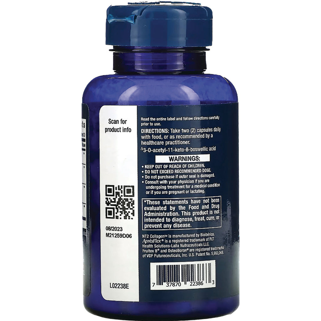 Back of blue supplement bottle showing directions, warnings, QR code and barcode - Thumbnail