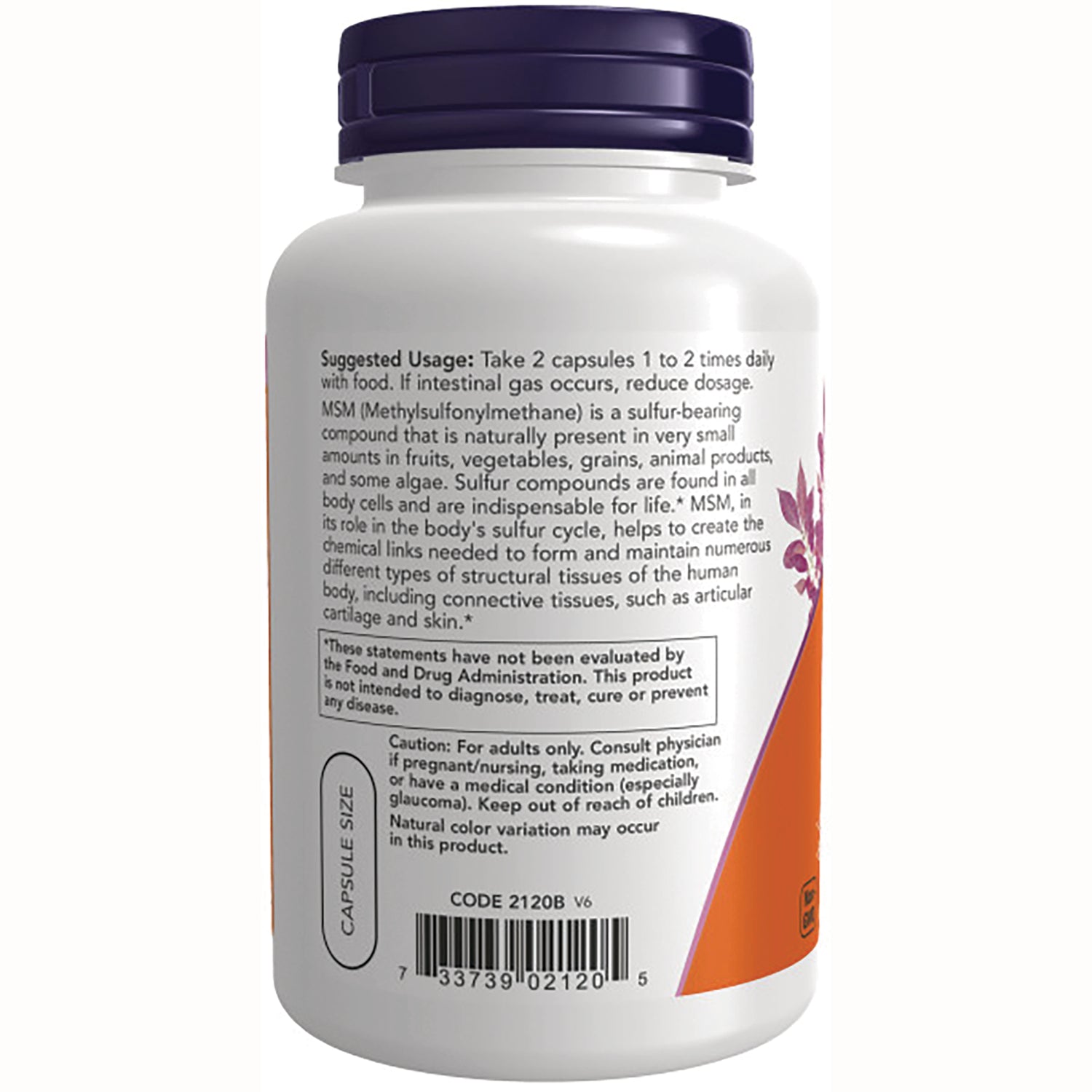 NWF063 | Back label of white supplement bottle showing suggested usage, warnings, capsule size and barcode