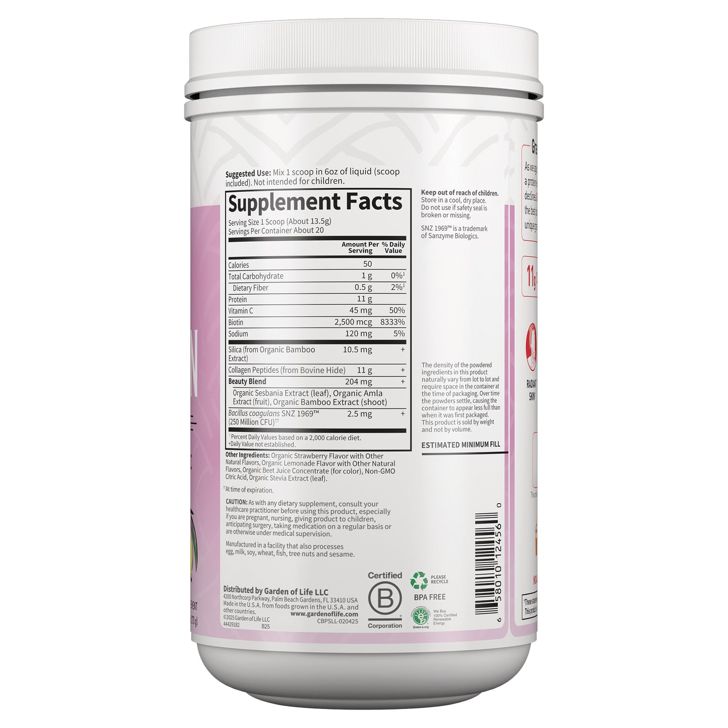 GLF282 | Back label showing Supplement Facts panel and ingredient text on pink and white supplement container