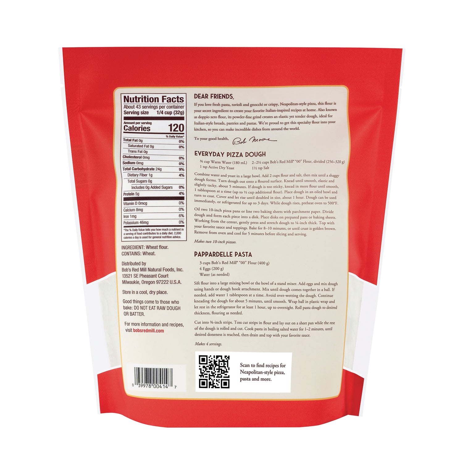 BOB478 | Back of red and white bag showing nutrition facts, ingredients, barcode, QR code, and everyday pizza dough recipe