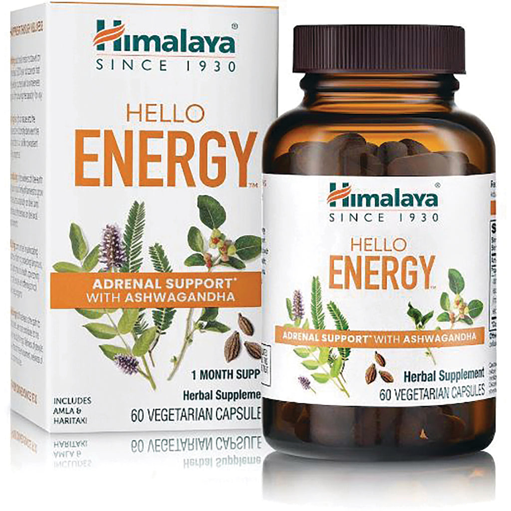 HHH058 | Himalaya Hello Energy herbal supplement bottle and box, 60 vegetarian capsules, adrenal support with ashwagandha - Thumbnail