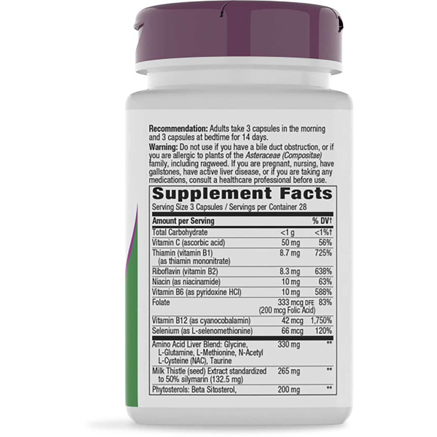 back label of brown supplement bottle showing Supplement Facts panel, ingredient list, and directions