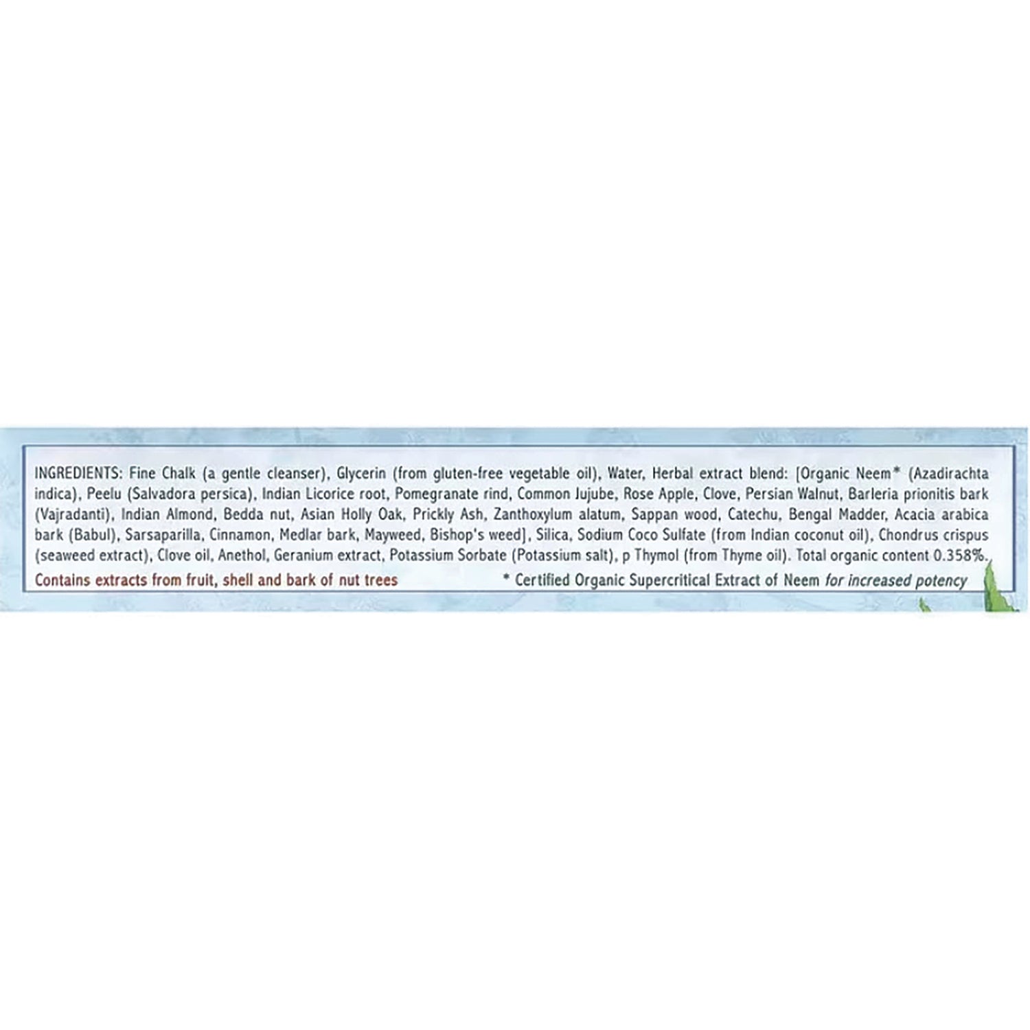 AUR007 | Back label showing ingredients list and allergen note Contains extracts from fruit, shell and bark of nut trees