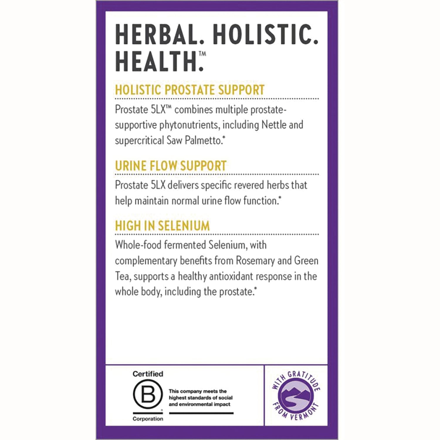 NWC271 | product infographic listing holistic prostate support, urine flow support, and high selenium benefits