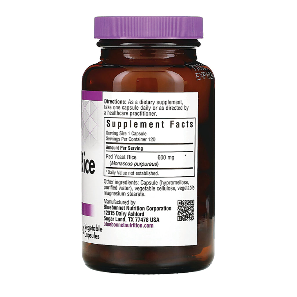 BLU111 | Amber supplement bottle back showing Supplement Facts panel listing Red Yeast Rice 600 mg, serving size 1 capsule and manufacturer details - Thumbnail