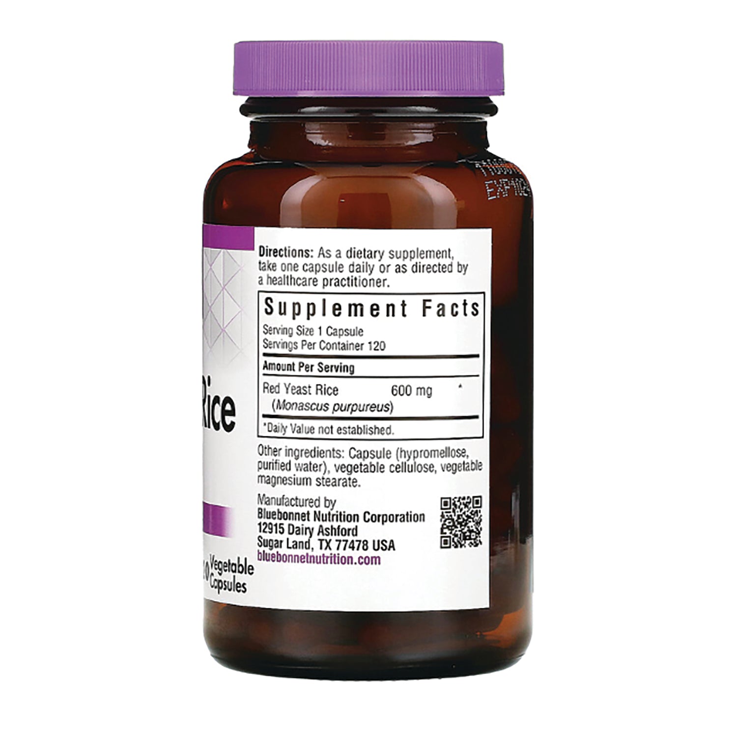 BLU111 | Amber supplement bottle back showing Supplement Facts panel listing Red Yeast Rice 600 mg, serving size 1 capsule and manufacturer details