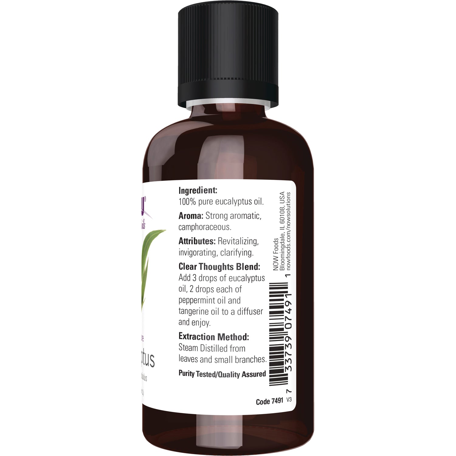 NWF242 | back label of brown bottle showing ingredients, Clear Thoughts Blend directions, extraction method, and barcode