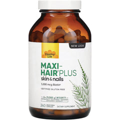 CRL615 | Country Life Maxi-Hair Plus skin & nails bottle, label reads MAXI-HAIR PLUS and 5,000 mcg Biotin, 240 capsules
