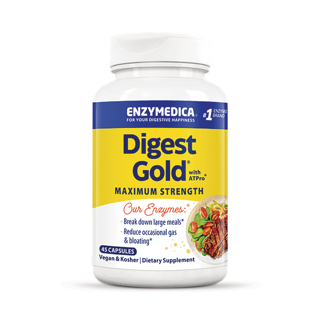EMD008 | Enzymedica Digest Gold maximum strength dietary supplement bottle, 45 capsules, yellow and white label - Thumbnail