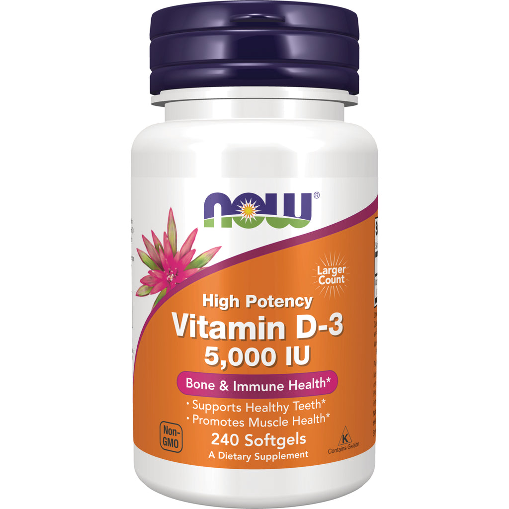 NWF391 | NOW Vitamin D-3 5,000 IU, High Potency, 240 softgels bottlesupports bone and immune health - Thumbnail