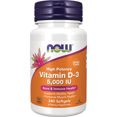 NWF391 | NOW Vitamin D-3 5,000 IU, High Potency, 240 softgels bottlesupports bone and immune health
