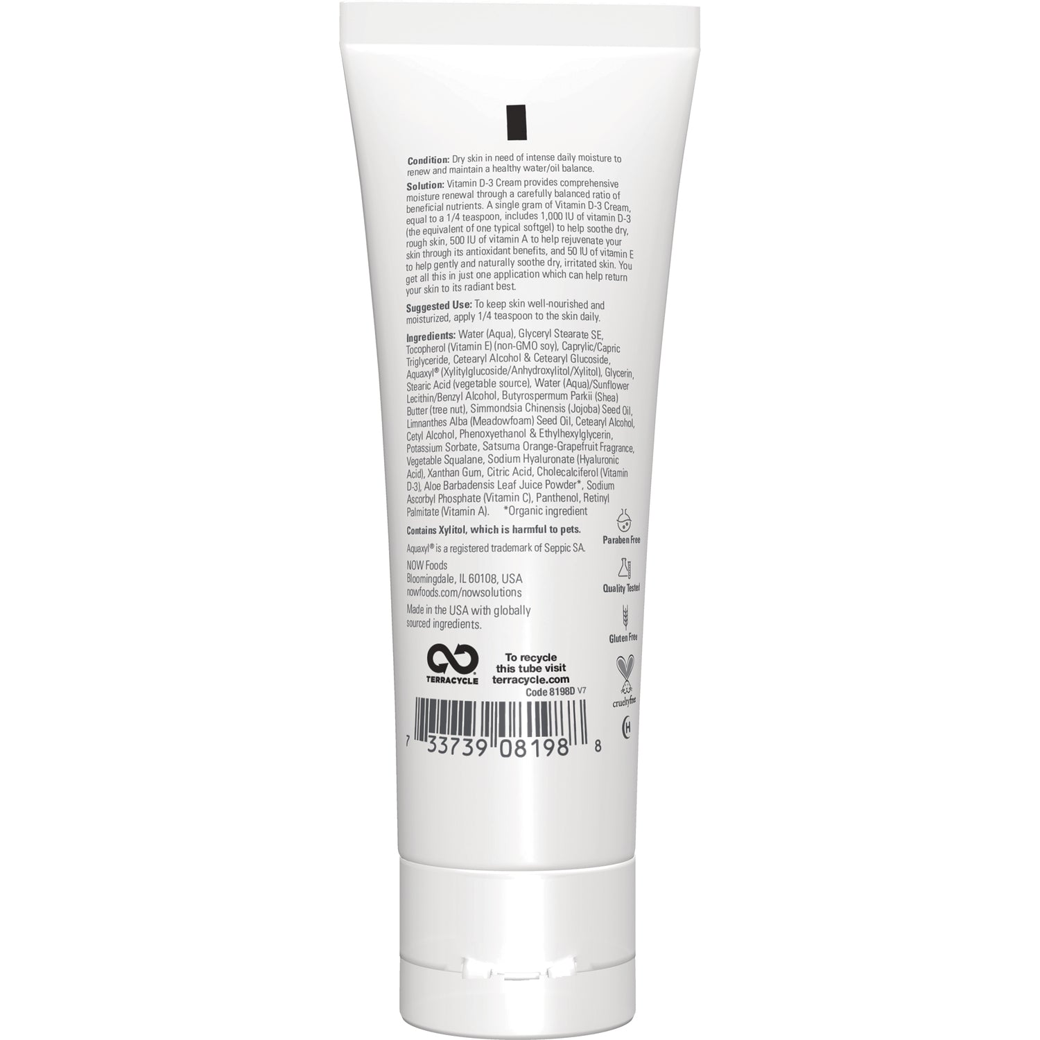 NWF1080 | back of white lotion tube showing ingredients list, barcode, and recycling icons
