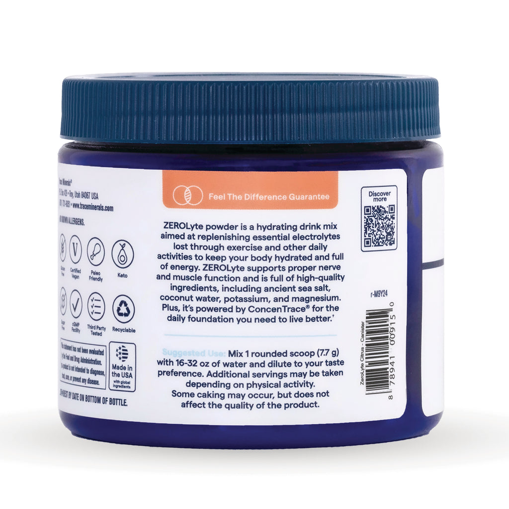 TM169 | Trace Minerals ZEROLyte drink mix canister back label with directions, QR code, and certifications - Thumbnail