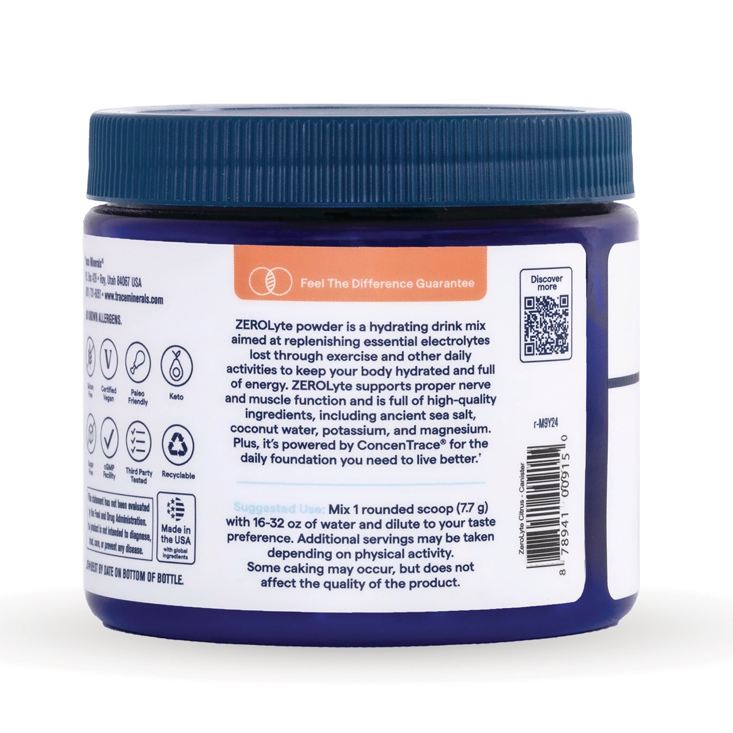 TM169 | Trace Minerals ZEROLyte drink mix canister back label with directions, QR code, and certifications