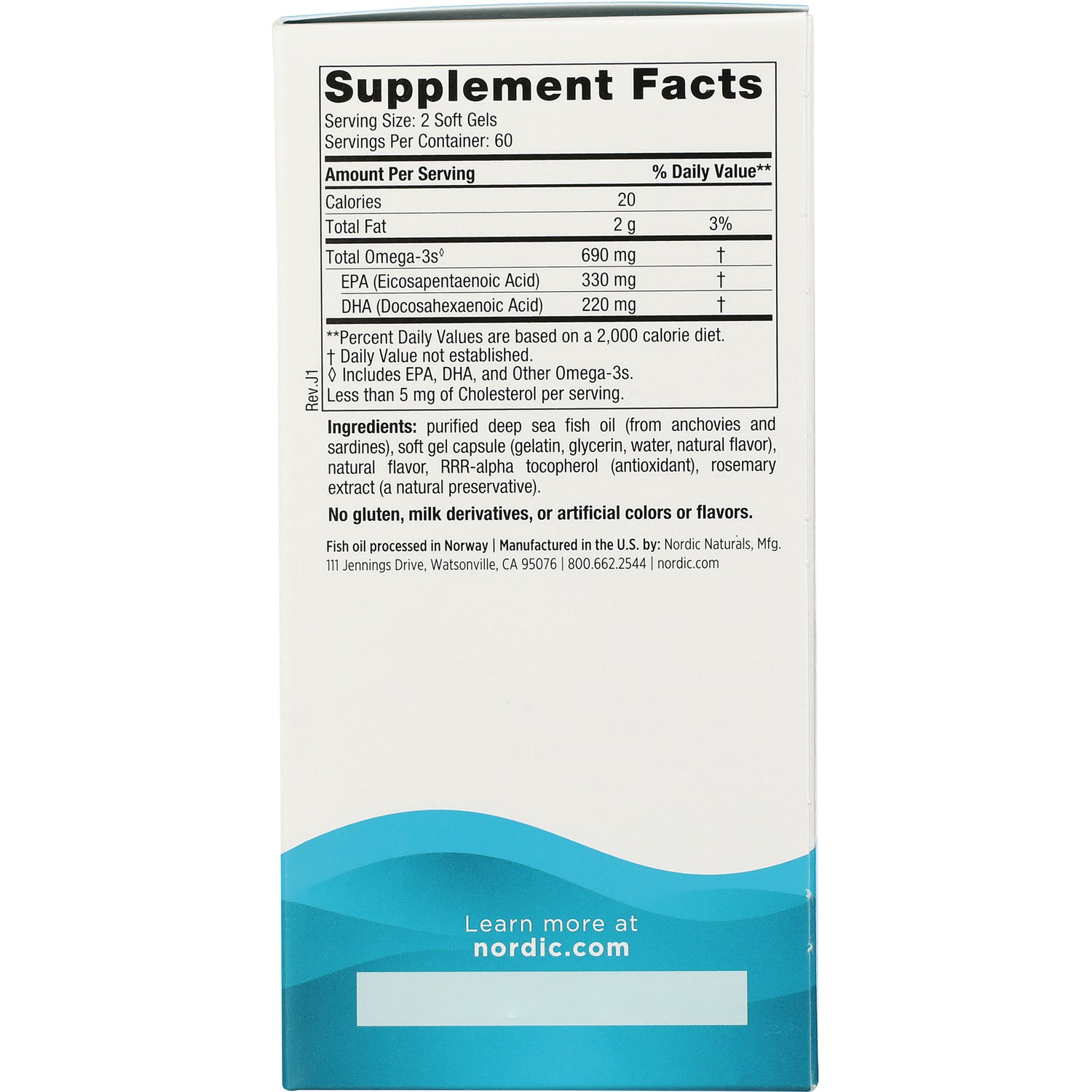 NRN012 | Back panel with Supplement Facts, ingredients listing fish oil omega-3 amounts and nordic.com