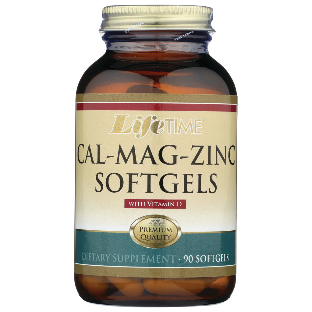 LFT007 | LifeTime CAL-MAG-ZINC softgels bottle front labeled with Vitamin D and 90 softgels - Thumbnail