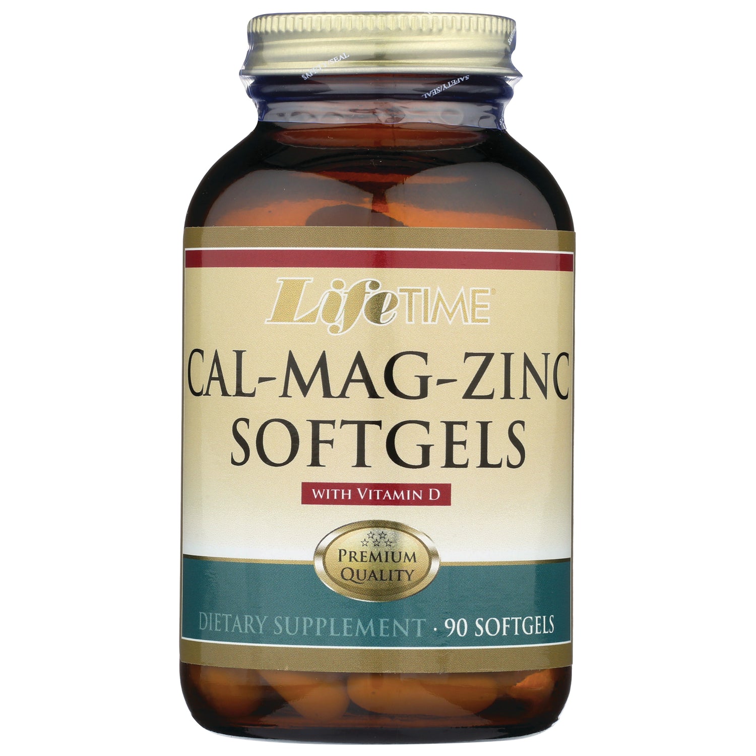 LFT007 | LifeTime CAL-MAG-ZINC softgels bottle front labeled with Vitamin D and 90 softgels