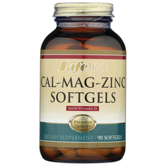 LFT007 | LifeTime CAL-MAG-ZINC softgels bottle front labeled with Vitamin D and 90 softgels