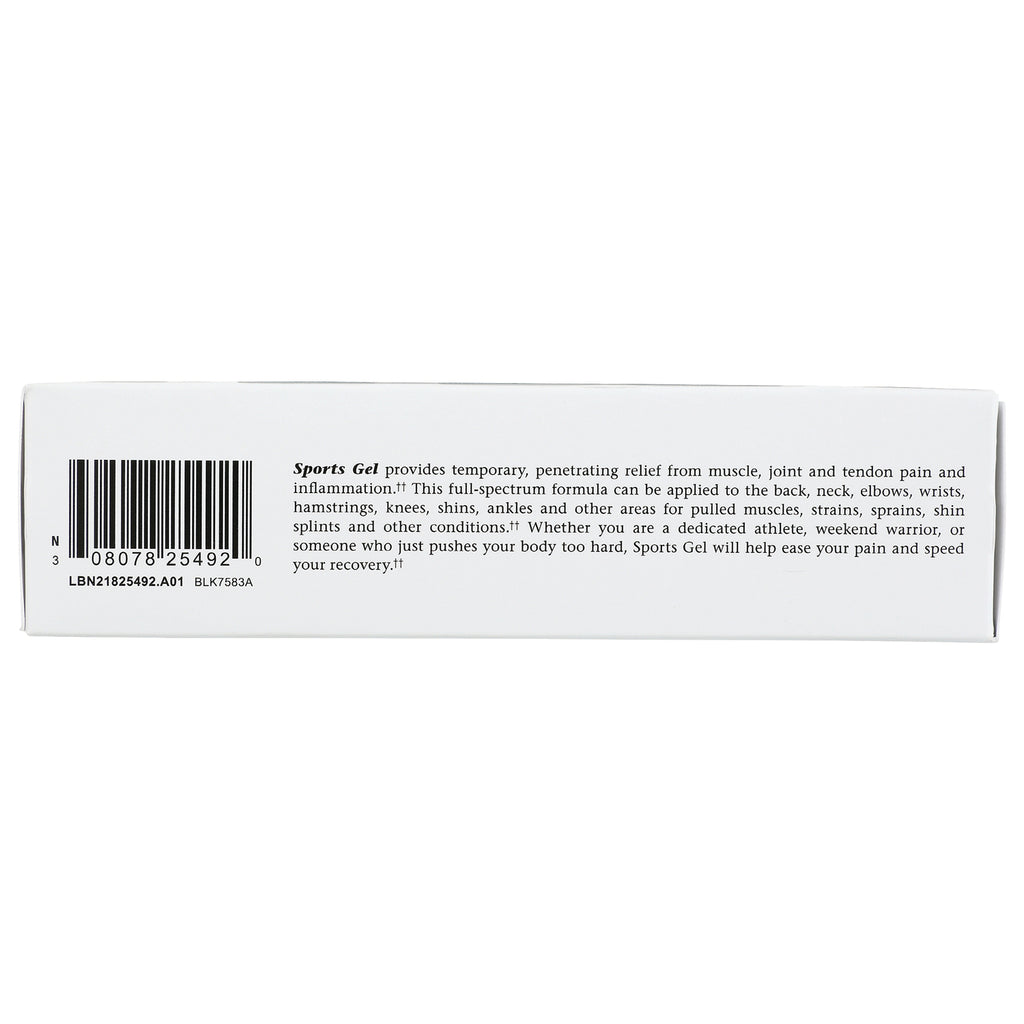 White box back panel with barcode and text stating Sports Gel provides temporary penetrating relief for muscle, joint and tendon pain - Thumbnail