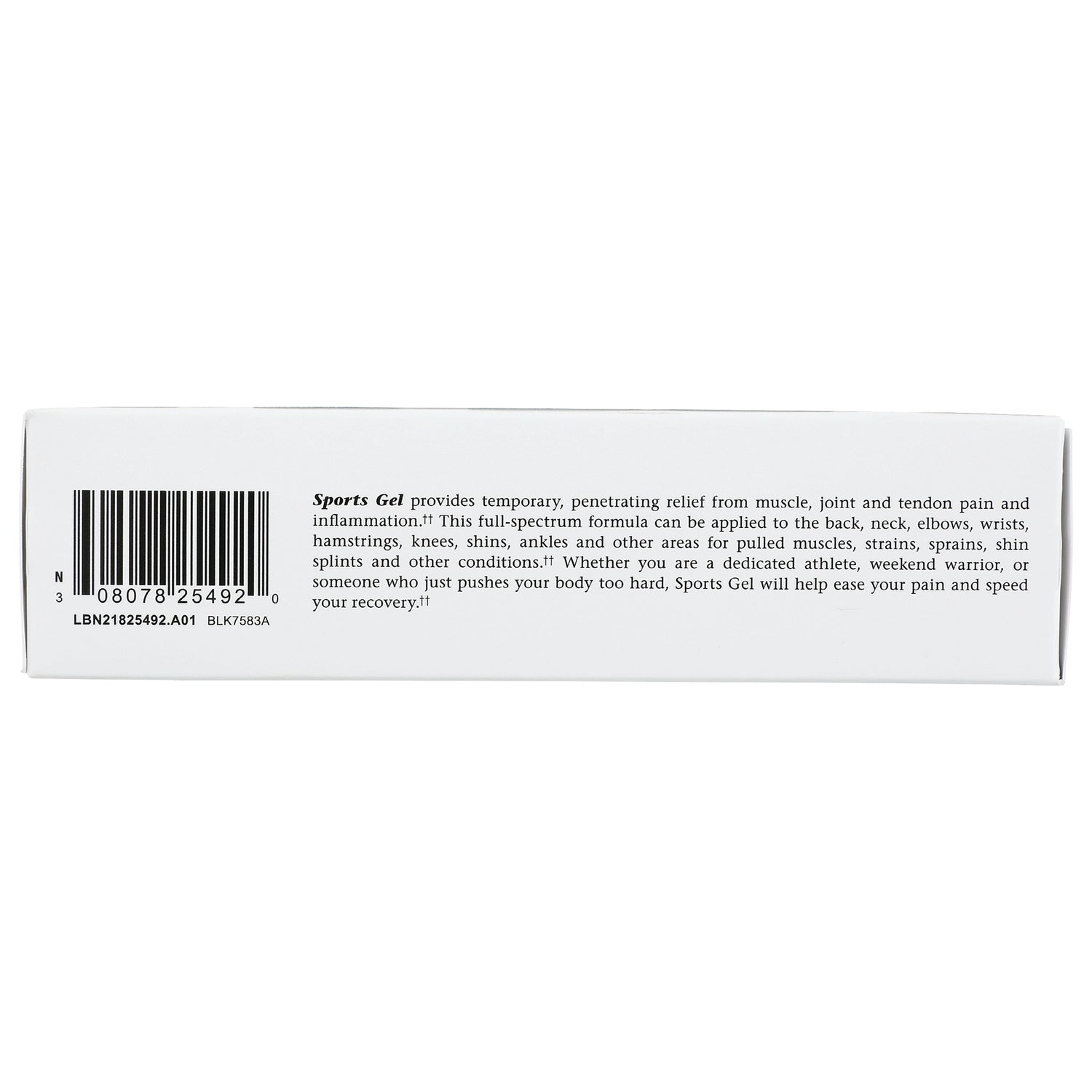 White box back panel with barcode and text stating Sports Gel provides temporary penetrating relief for muscle, joint and tendon pain