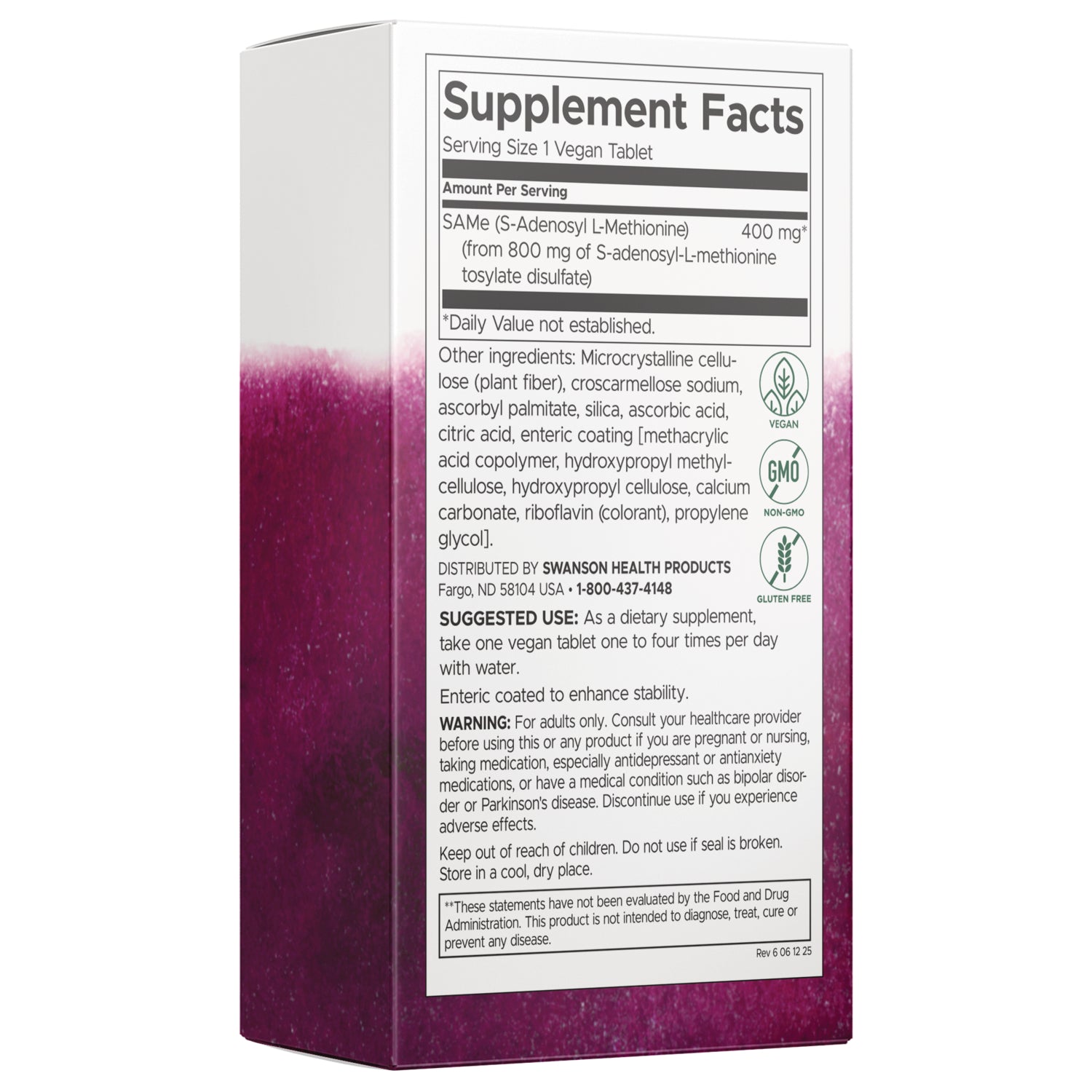 SWU218 | Back of SAMe supplement box with Supplement Facts panel and Vegan, Non-GMO, Gluten Free icons || SWU218 | Supplement Facts panel: Serving Size 1 vegan tablet